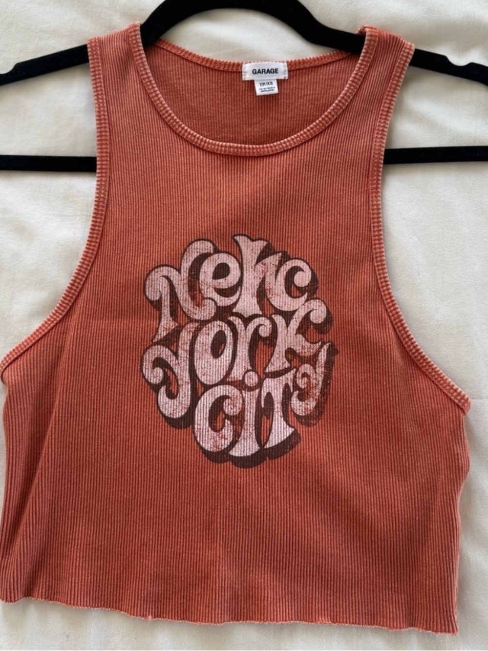 Garage Rust Ribbed Cropped Tank with 'New York City' Graphic